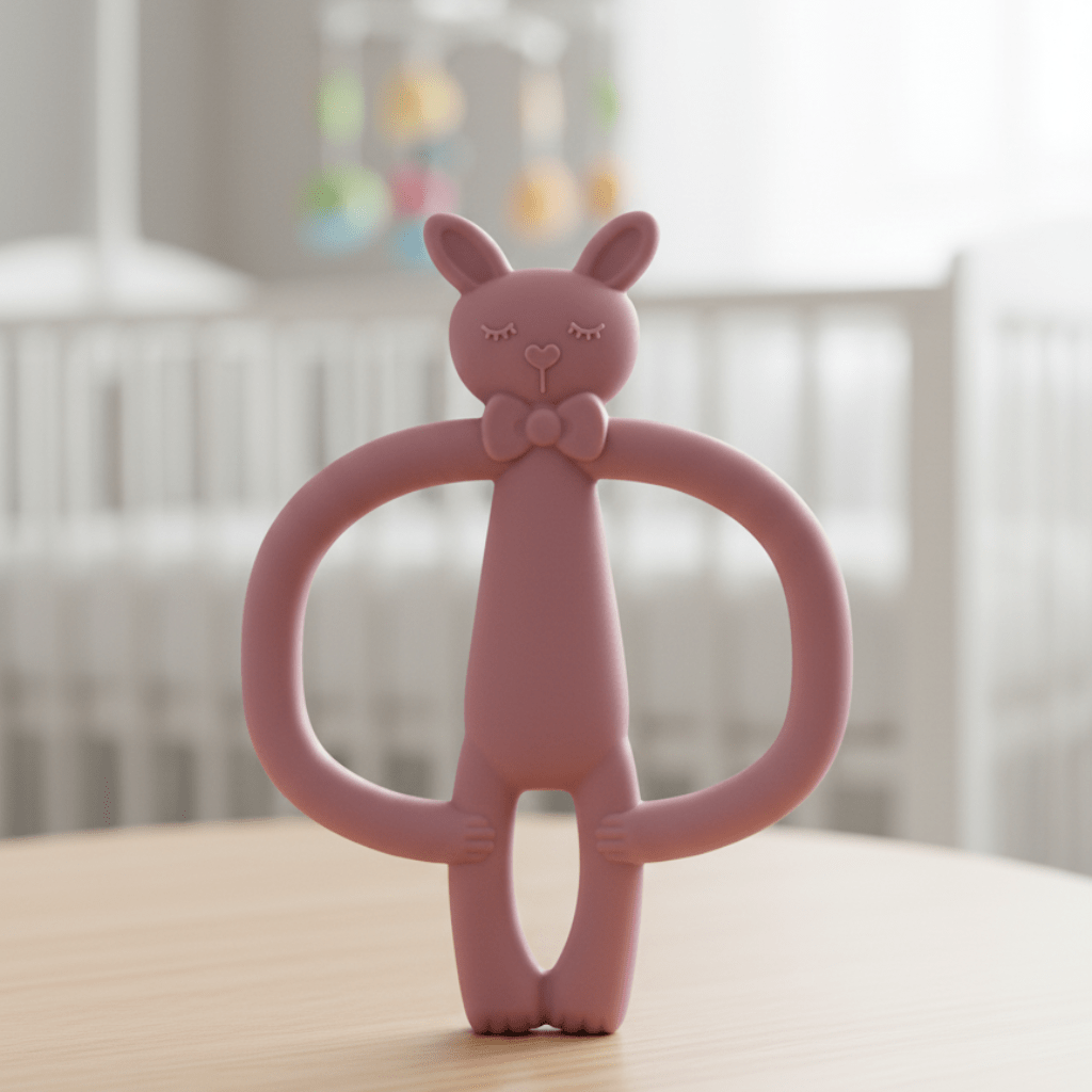 BUNNYEASE – Beißring aus Silikon mit Cartoon-Hasenmotiv für Babys, sicher, leicht und anregend 0