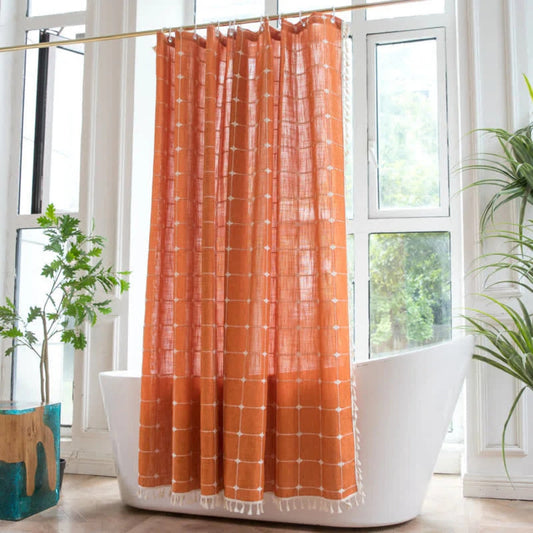 COTTONHAVEN Shower Curtain - Soft cotton shower curtain with fringes for cosy bathrooms