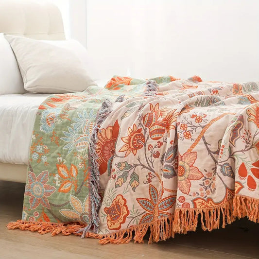 Boho-Chic – Cotton Throw Blanket with Floral Pattern