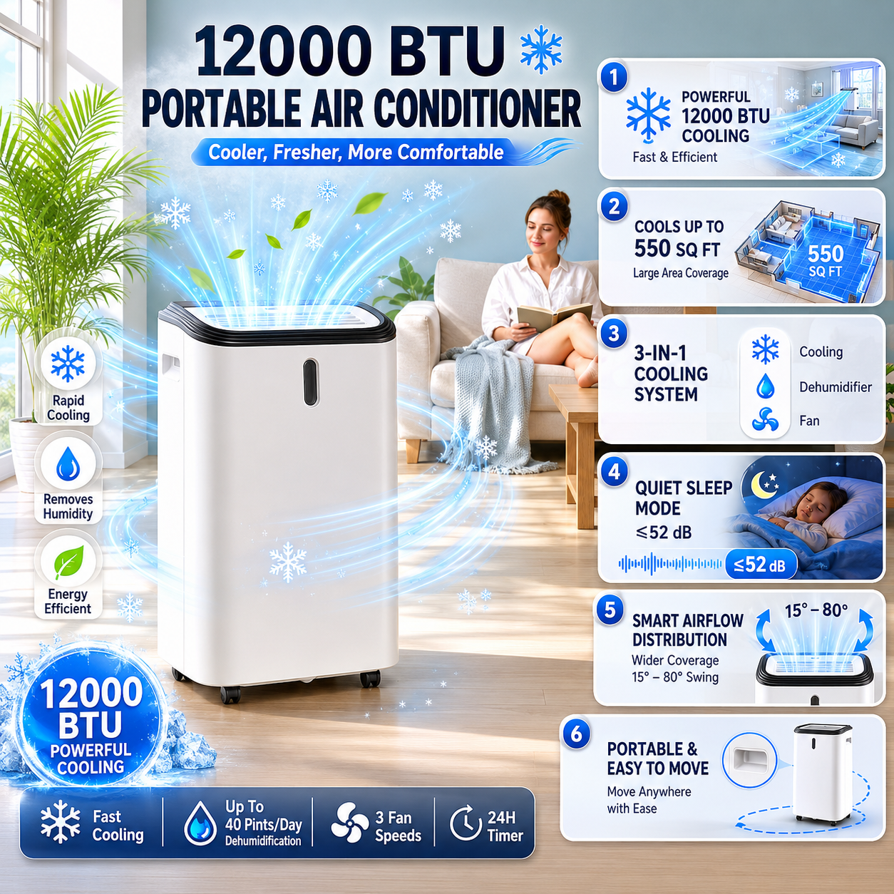 CLIMAFLOW - Tragbare Klimaanlage 12000 BTU mit Kühl- und Entfeuchtungsfunktion 2