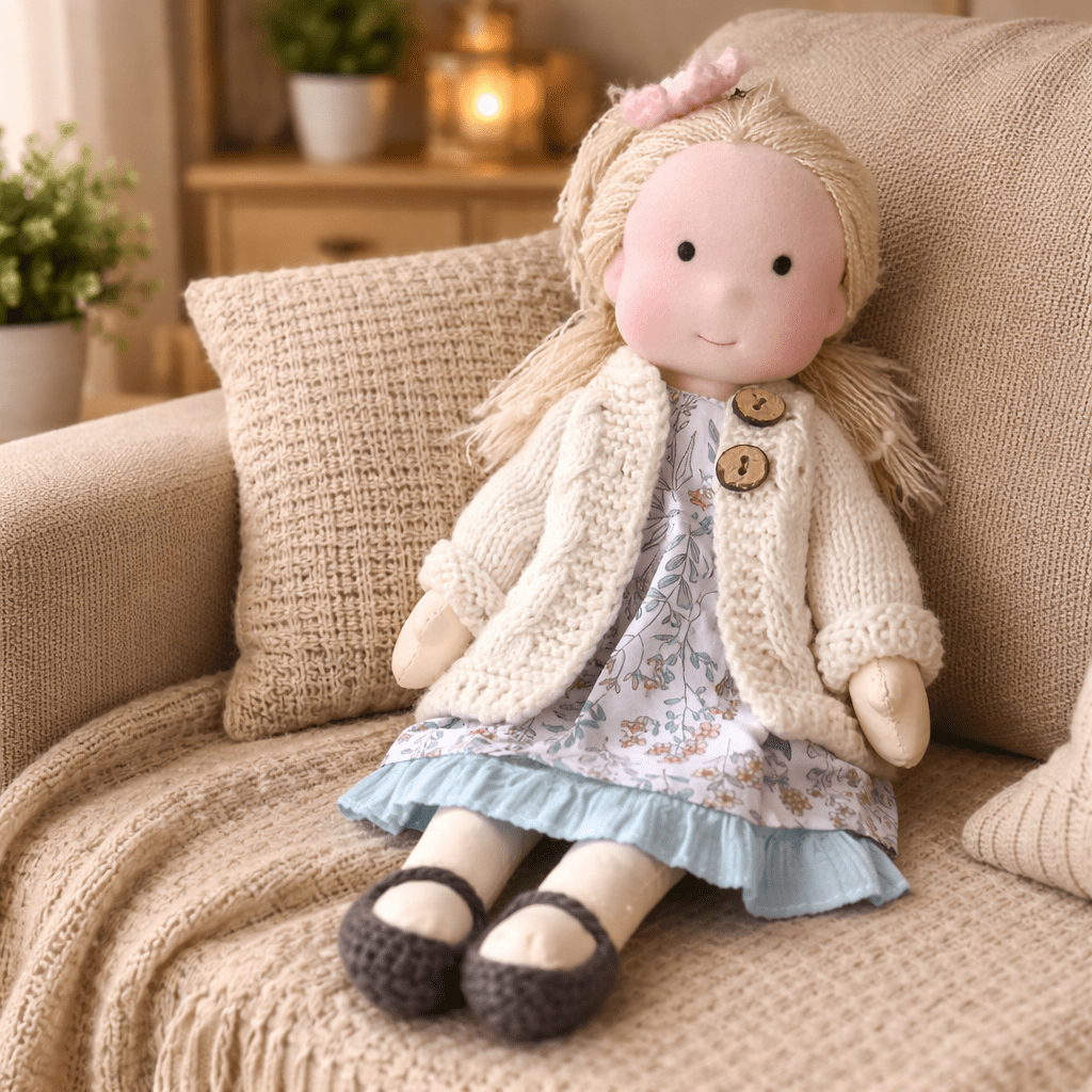 Elora – Bambola Waldorf fatta a mano in cotone per gioco creativo