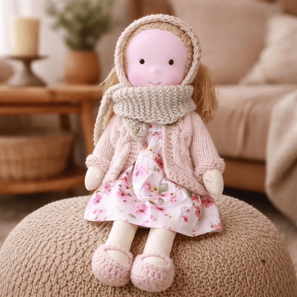 Elora – Bambola Waldorf fatta a mano in cotone per gioco creativo