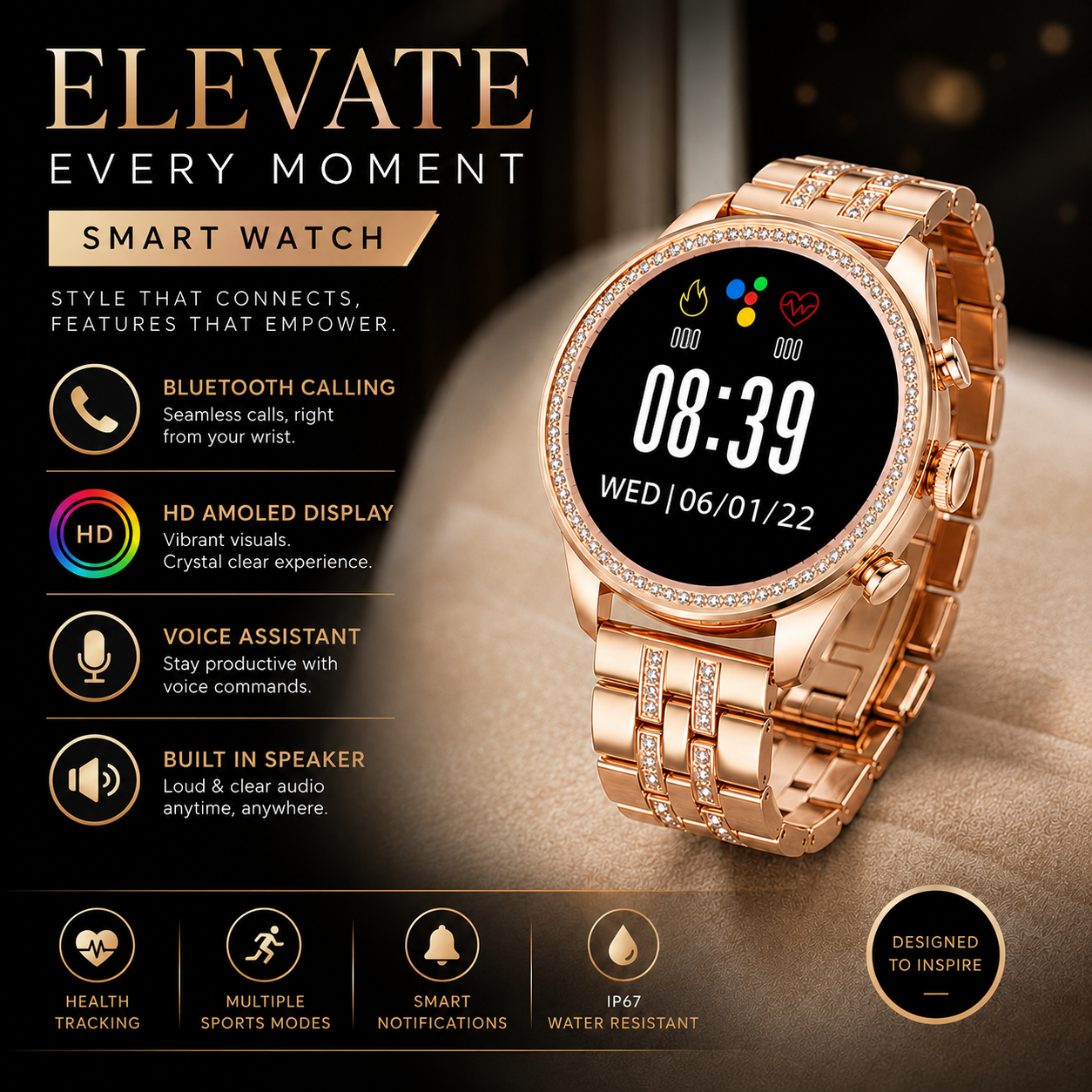 ROSETECH – Smartwatch mit Brillantem HD-Display und Metallarmband