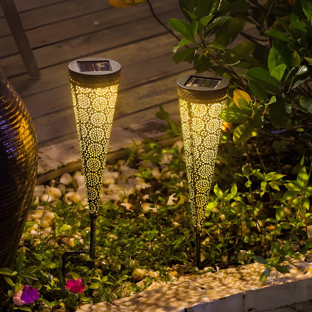 ORBISOL – 2-delige set kegelvormige holle solarlampen met grondpen voor moderne solar tuindecoratie