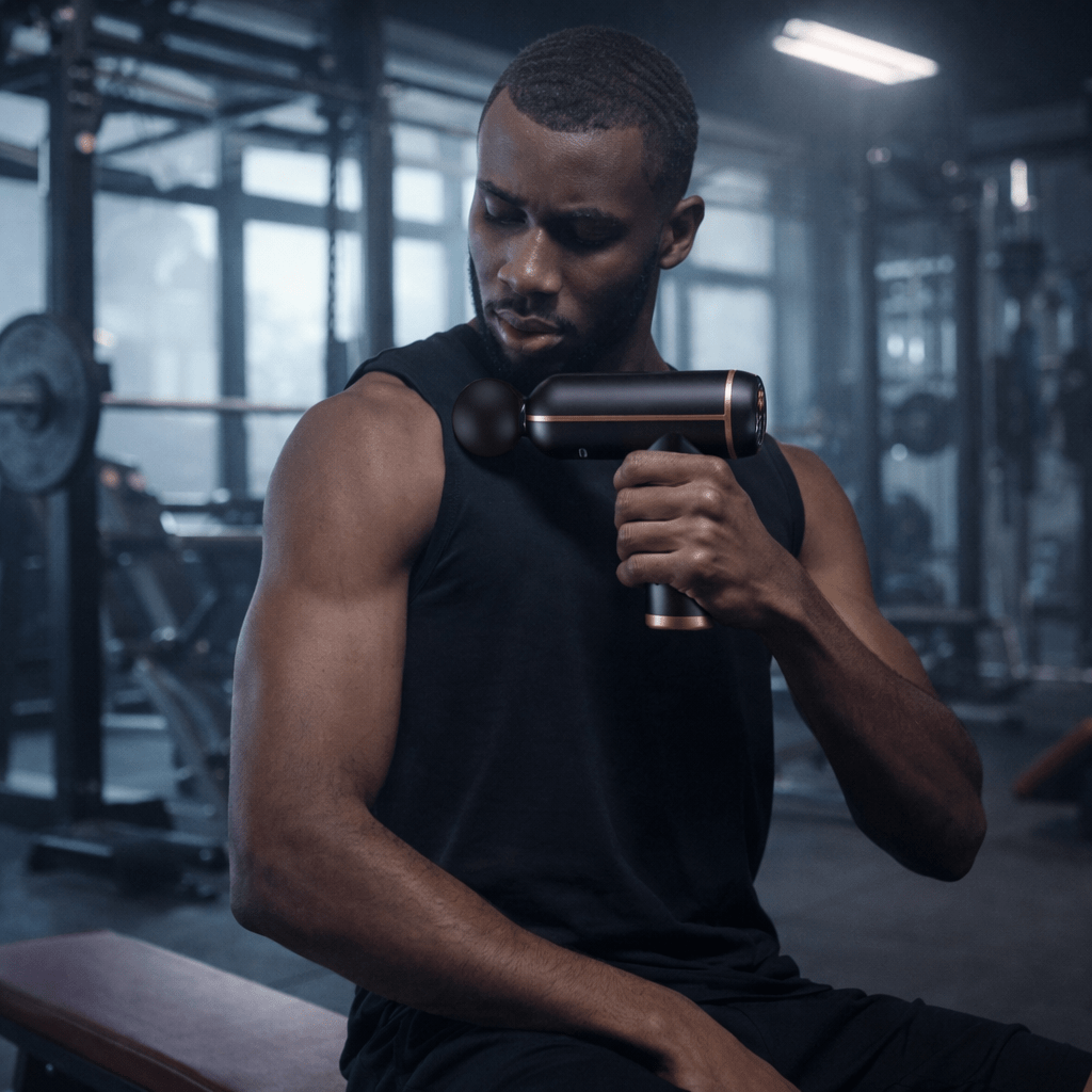 MASSAGEGUN PRO - Pistolet de massage portable avec 4 embouts pour une relaxation musculaire efficace et une récupération rapide