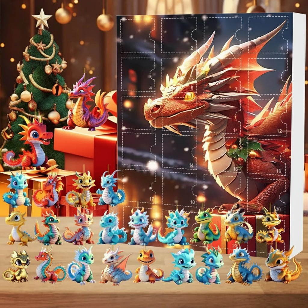 DRAGONTIME – 24-teiliger 2D-Weihnachts-Drachen-Adventskalender mit Acryl-Ornamenten 1