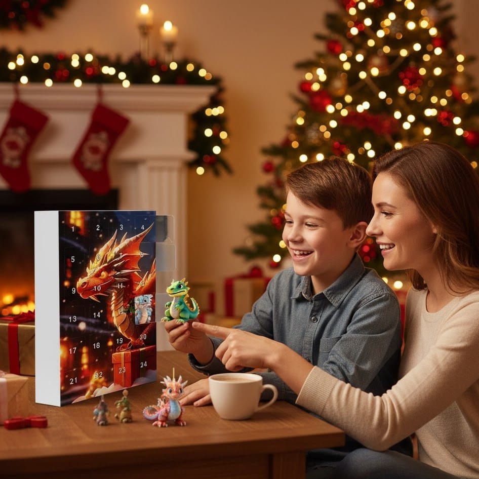 DRAGONTIME – 24-teiliger 2D-Weihnachts-Drachen-Adventskalender mit Acryl-Ornamenten 4