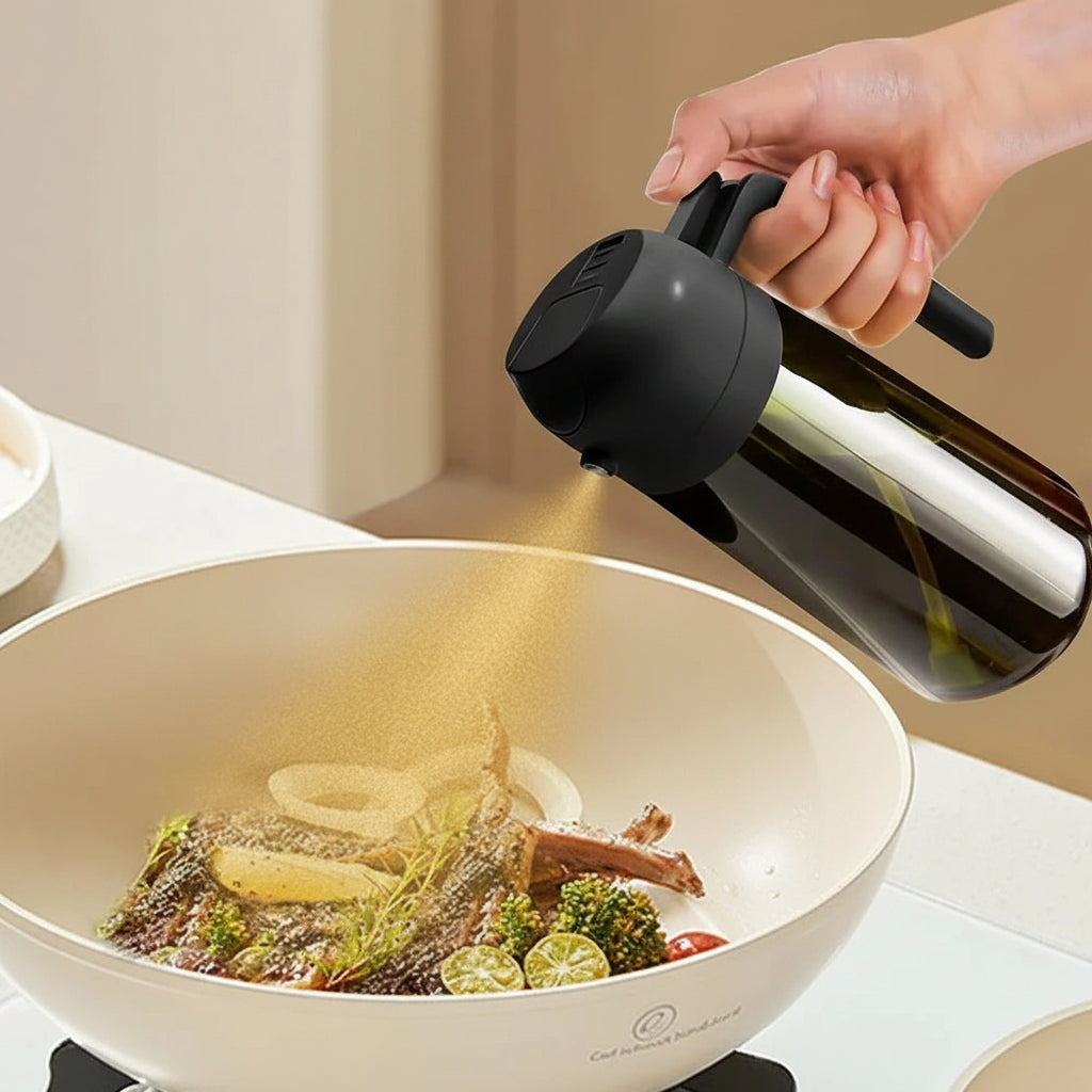 OIL ENJOYMENT – Dark green glass oil sprayer for precise healthy cooking