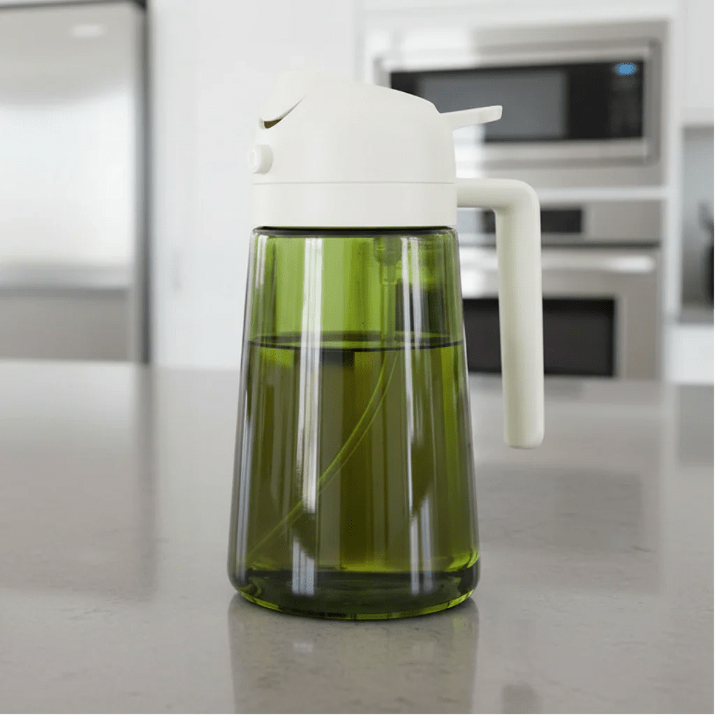 OIL ENJOYMENT – Dark green glass oil sprayer for precise healthy cooking
