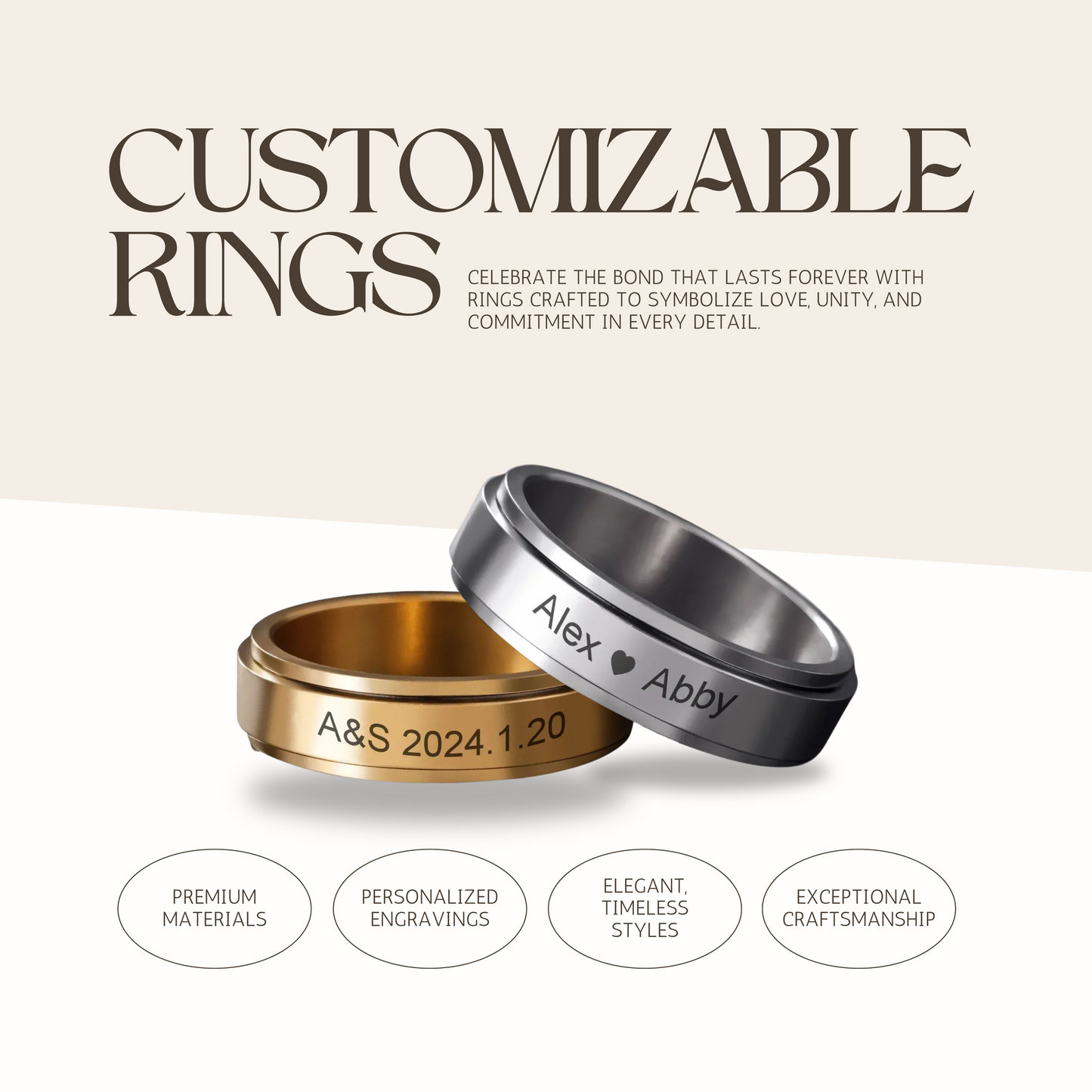 VORTENO – Stainless Steel Spinner Ring with Engraving for Couples