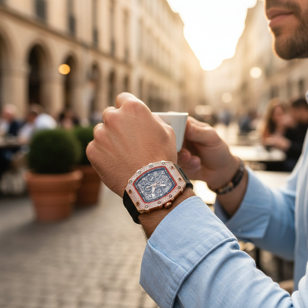Elegante Herren Uhr Tonneau mit Strassverzierung – Hochwertige Armbanduhr für jeden Anlass 1