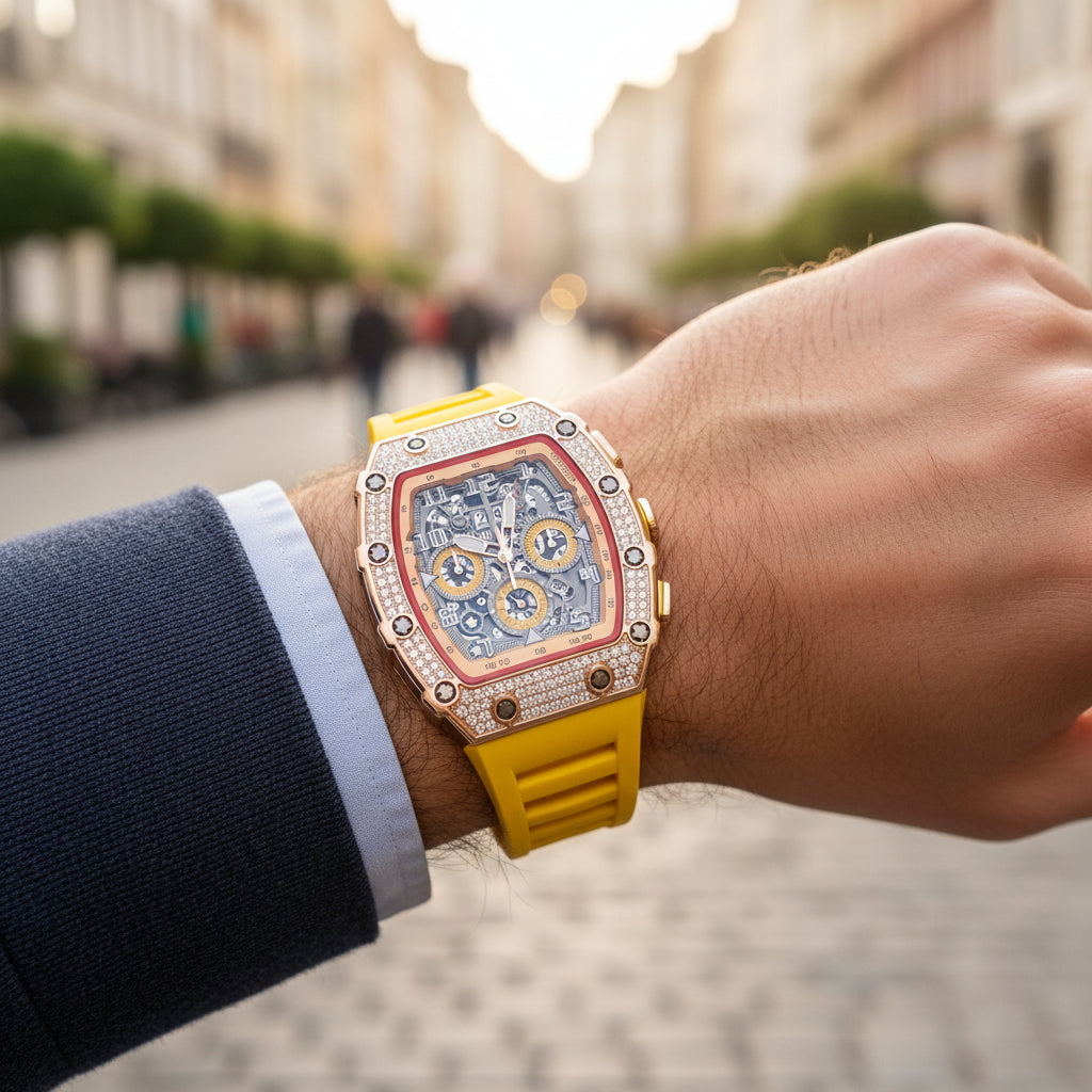 Elegante Herren Uhr Tonneau mit Strassverzierung – Hochwertige Armbanduhr für jeden Anlass 3
