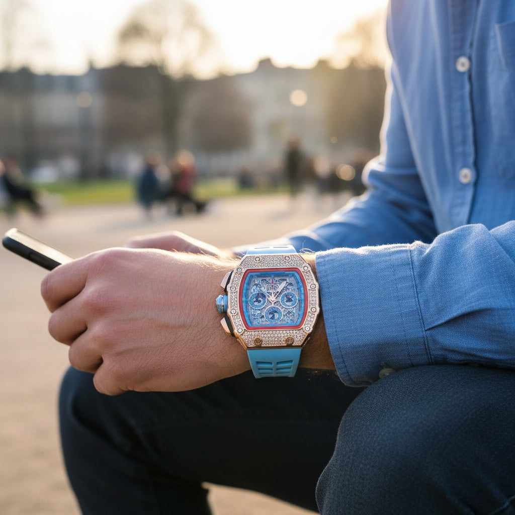Elegante Herren Uhr Tonneau mit Strassverzierung – Hochwertige Armbanduhr für jeden Anlass 9