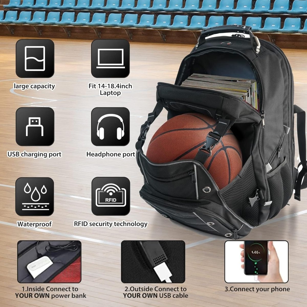 Extragroßer Reiserucksack 55L mit USB-Ladeanschluss & RFID-Schutz für Reisen 1