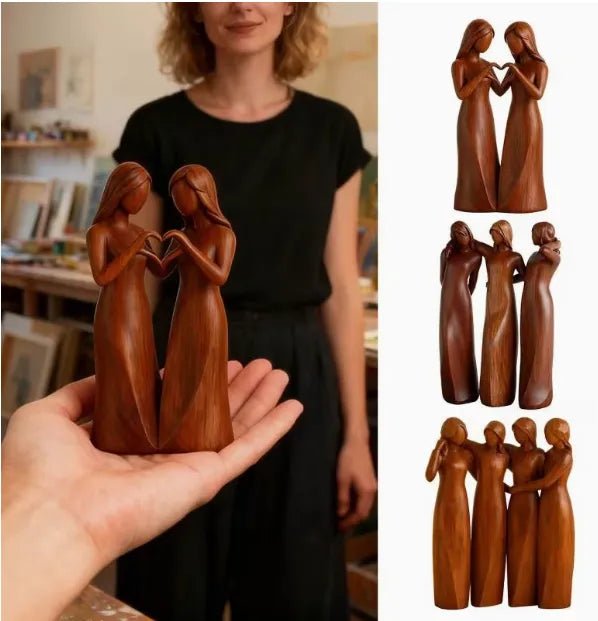 Freundschaftsschwestern - Handgefertigte Skulptur aus Kunstharz mit Holzmaserung 2