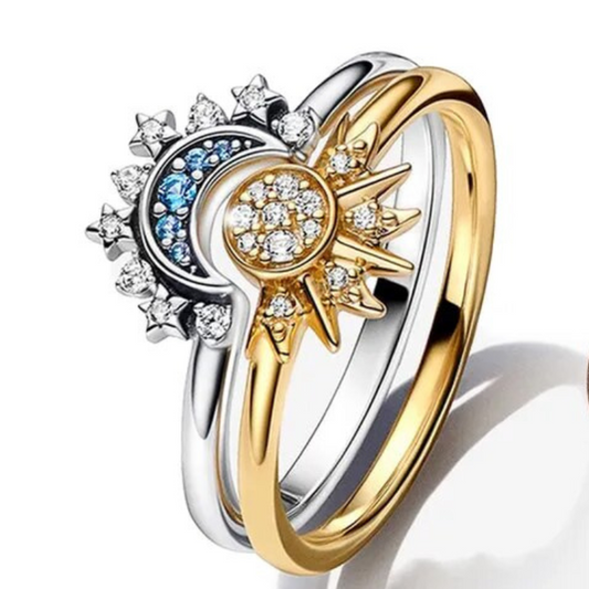 Sparkling Silver Crystal Ring - Bague élégante en argent 925 avec design lune & soleil