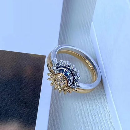 Anillo de cristal plateado brillante – Elegante anillo de plata 925 con diseño de luna y sol