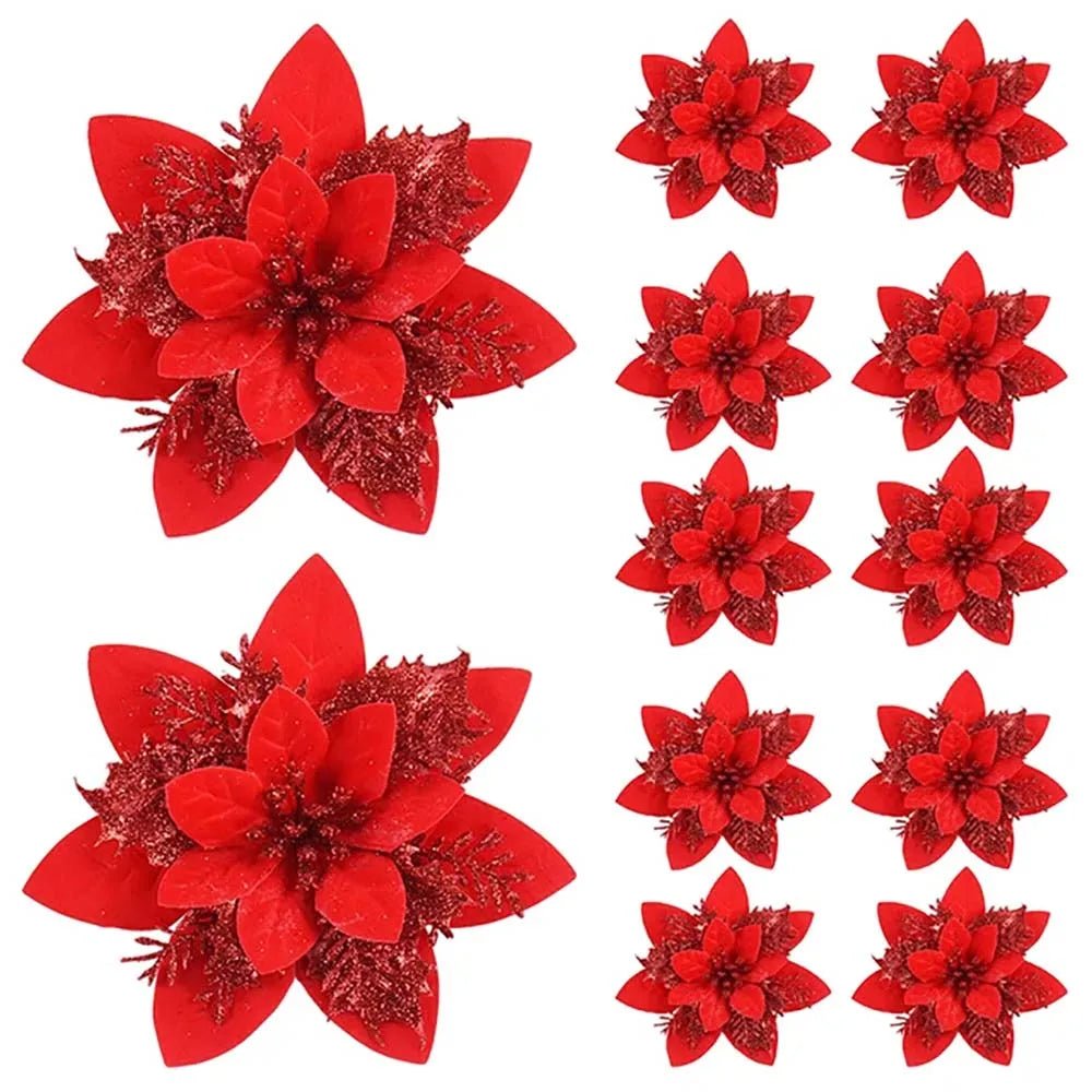 GLIMFLOR – 14,5 cm große glitzernde Weihnachtsblumen in Rosa, Rot und Gold 11