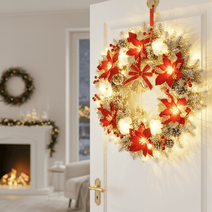 BELLORA – Corona navideña LED clásica con campanas y brillo dorado