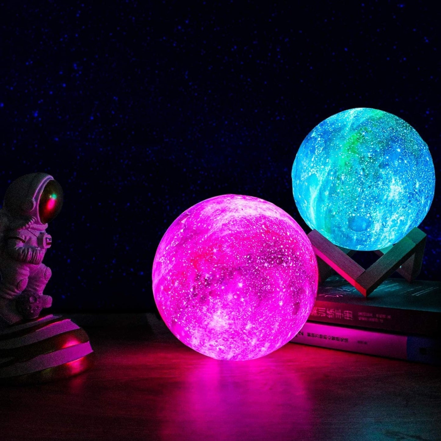 GALAXY MOONLAMP - Lampada lunare 3D con 16 colori e supporto in legno