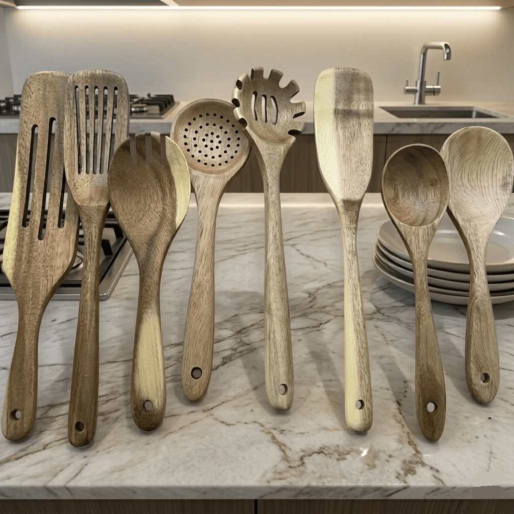 WOODCHEF UTENSILS - Set de 11 ustensiles de cuisine en bois pour cuisiner en toute sécurité et sans se rayer