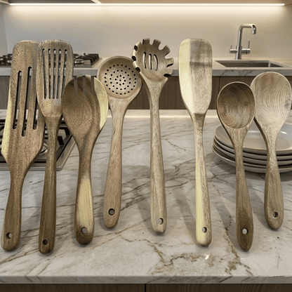 WOODCHEF UTENSILS - Set de 11 ustensiles de cuisine en bois pour cuisiner en toute sécurité et sans se rayer