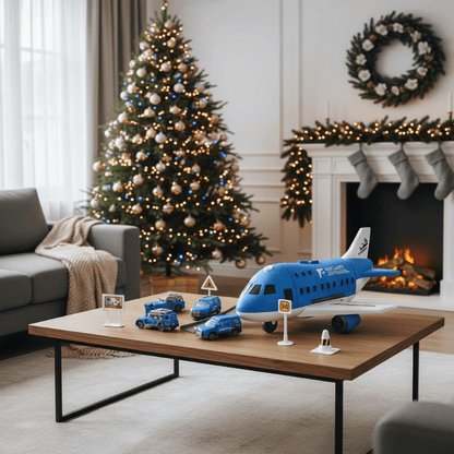 AEROTOWN – Inertieel Vliegtuig- en Voertuigenspeelset met Helikopter en Verkeersborden voor Kinderen