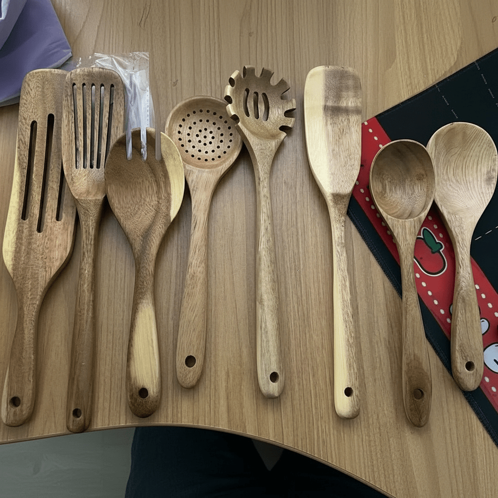 WOODCHEF UTENSILS - Set de 11 ustensiles de cuisine en bois pour cuisiner en toute sécurité et sans se rayer