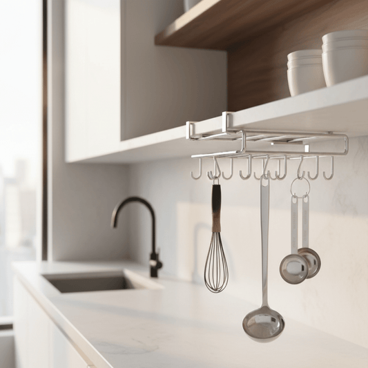 STEELSHELF – Edelstahl Küchenwandregal mit Haken für Mehr Ordnung