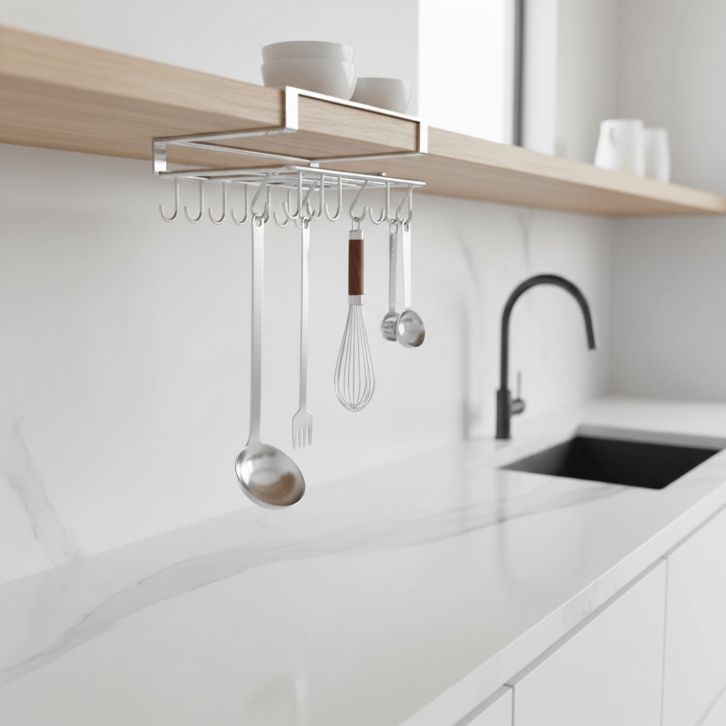 STEELSHELF – Edelstahl Küchenwandregal mit Haken für Mehr Ordnung