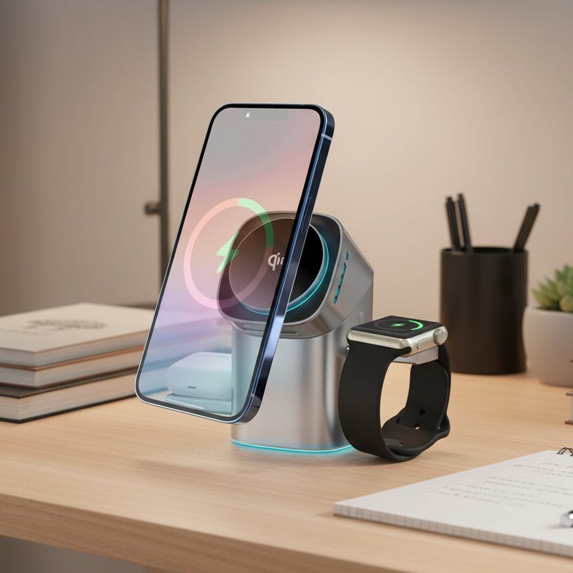 ROTACHARGE – 3-in-1 draadloze oplader met draaifunctie voor smartphone, horloge en koptelefoon