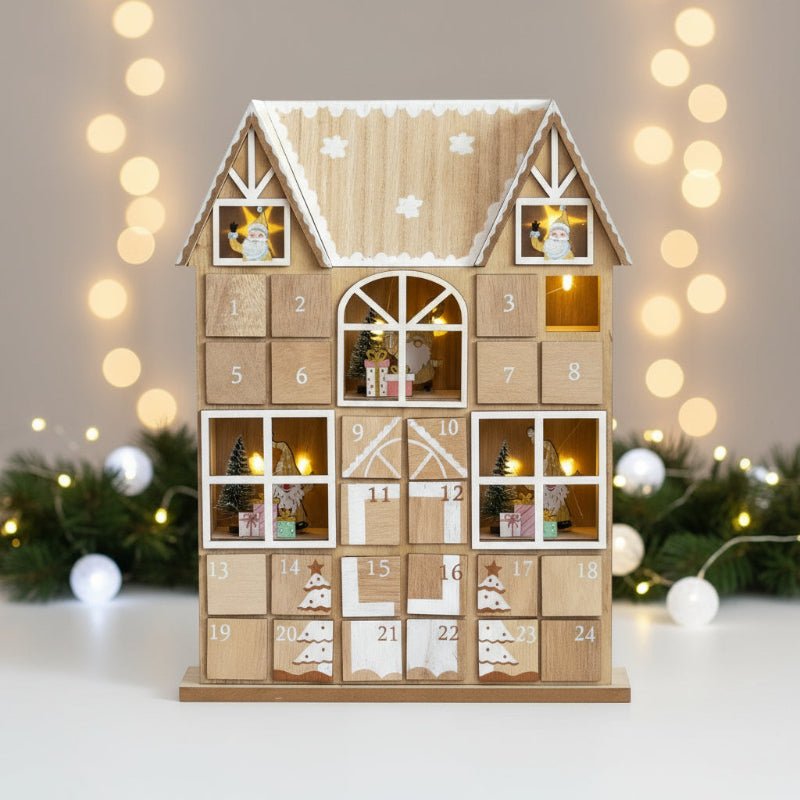 HOLLYHOME – Adventskalender in Form eines hölzernen Weihnachtshauses mit warmen LED-Lichtern 0