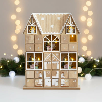 HOLLYHOME – Adventskalender in Form eines hölzernen Weihnachtshauses mit warmen LED-Lichtern 0