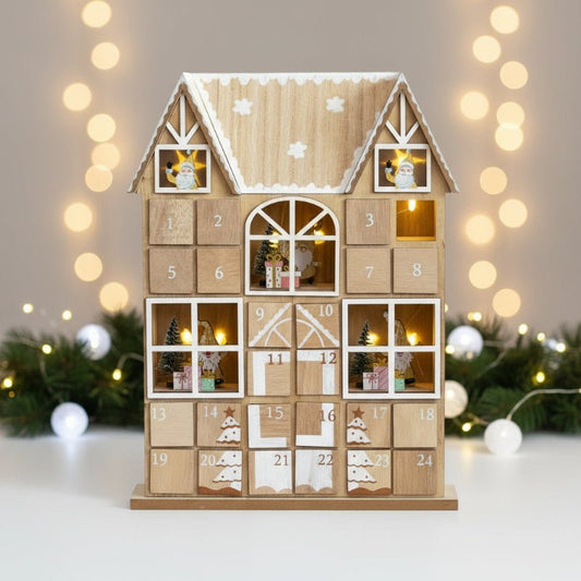 HOLLYHOME – Adventskalender in Form eines hölzernen Weihnachtshauses mit warmen LED-Lichtern 0