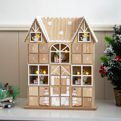 HOLLYHOME – Adventskalender in Form eines hölzernen Weihnachtshauses mit warmen LED-Lichtern 6