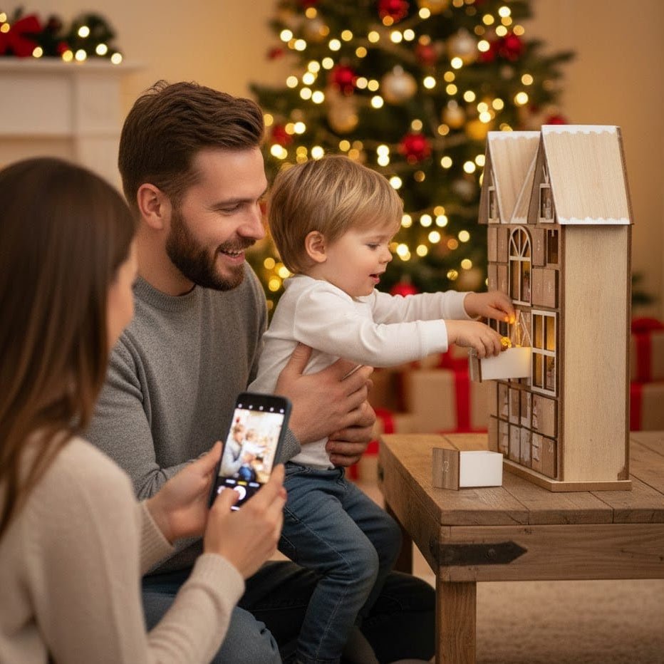 HOLLYHOME – Adventskalender in Form eines hölzernen Weihnachtshauses mit warmen LED-Lichtern 7