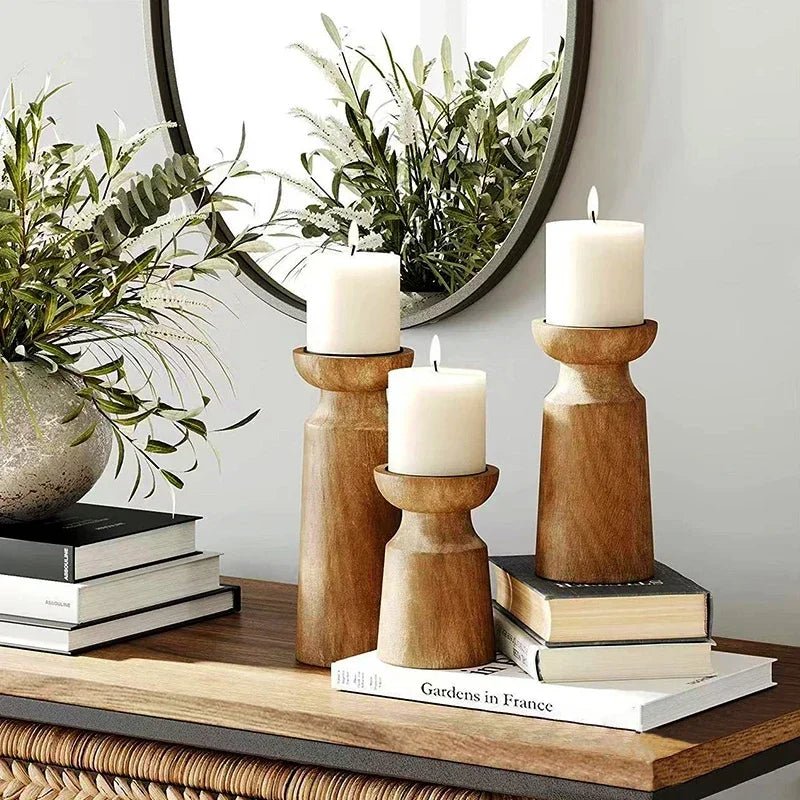 Handgefertigte Holz Kerzenhalter – 3er Set im Retro-Stil für elegante Dekoration 0