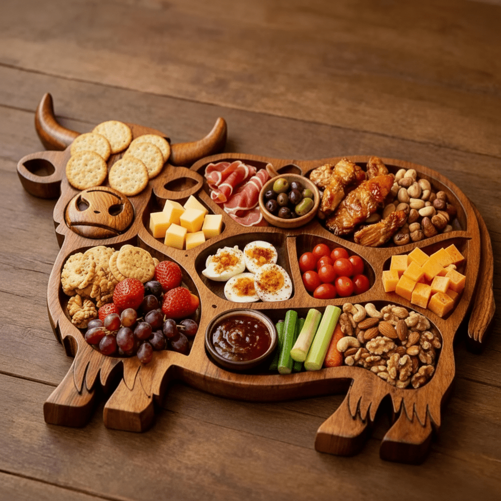 Highland Feast - Rustikales Wurstbrett aus Massivholz mit Kuhmotiv für Käse und Snacks 0