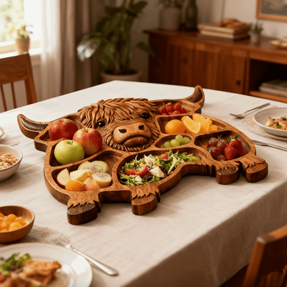 Highland Feast - Rustikales Wurstbrett aus Massivholz mit Kuhmotiv für Käse und Snacks 1