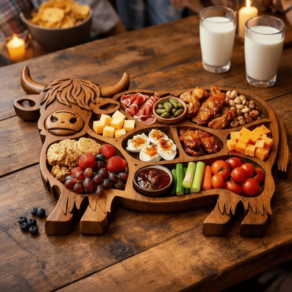 Highland Feast - Rustikales Wurstbrett aus Massivholz mit Kuhmotiv für Käse und Snacks 2