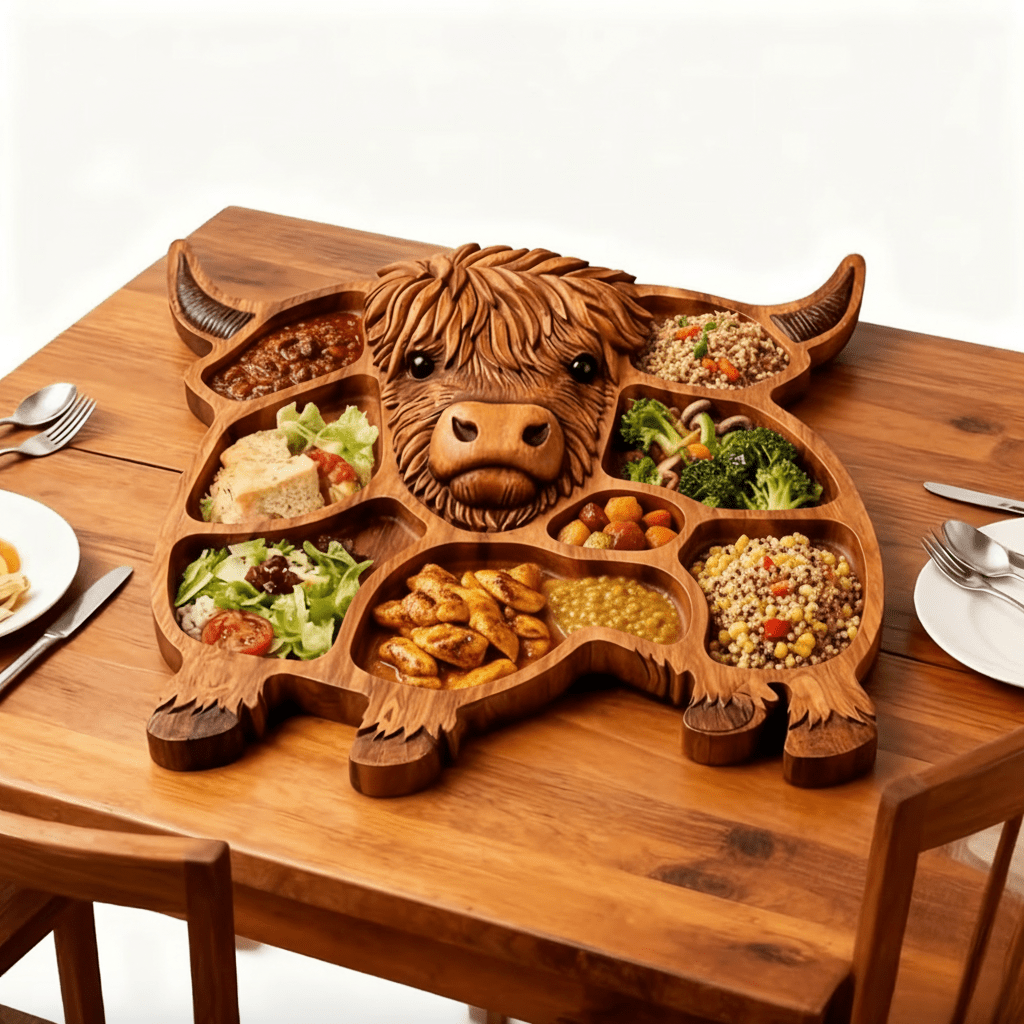 Highland Feast - Rustikales Wurstbrett aus Massivholz mit Kuhmotiv für Käse und Snacks 3
