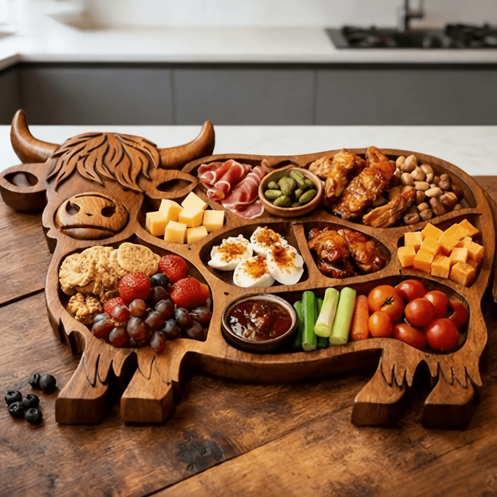 Highland Feast - Rustikales Wurstbrett aus Massivholz mit Kuhmotiv für Käse und Snacks 4