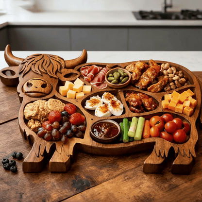 Highland Feast - Rustikales Wurstbrett aus Massivholz mit Kuhmotiv für Käse und Snacks 4