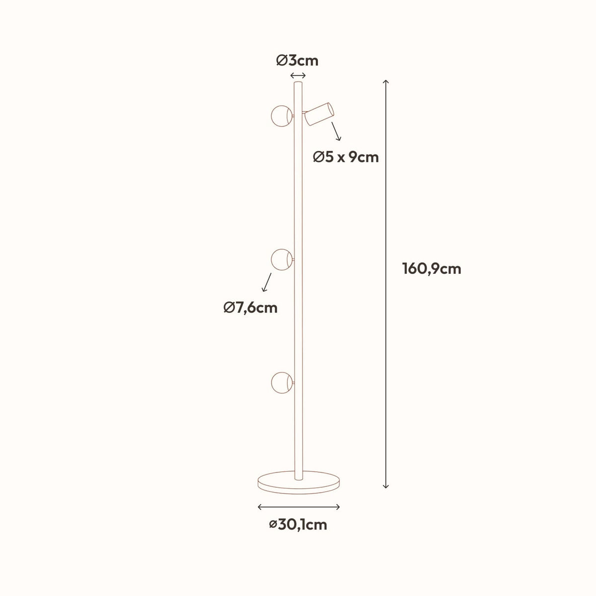 HULORA – Lampadaire modulaire avec globes en verre et spot