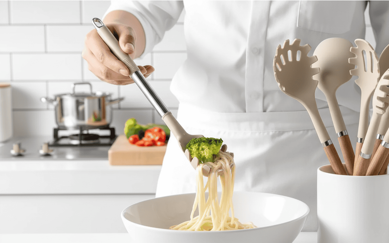 KITCHENORA – Komplettes Utensilienset mit Silikonköpfen und Griffen in Holzoptik 3