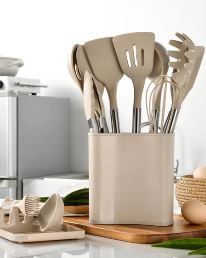 KITCHENORA – Komplettes Utensilienset mit Silikonköpfen und Griffen in Holzoptik 5
