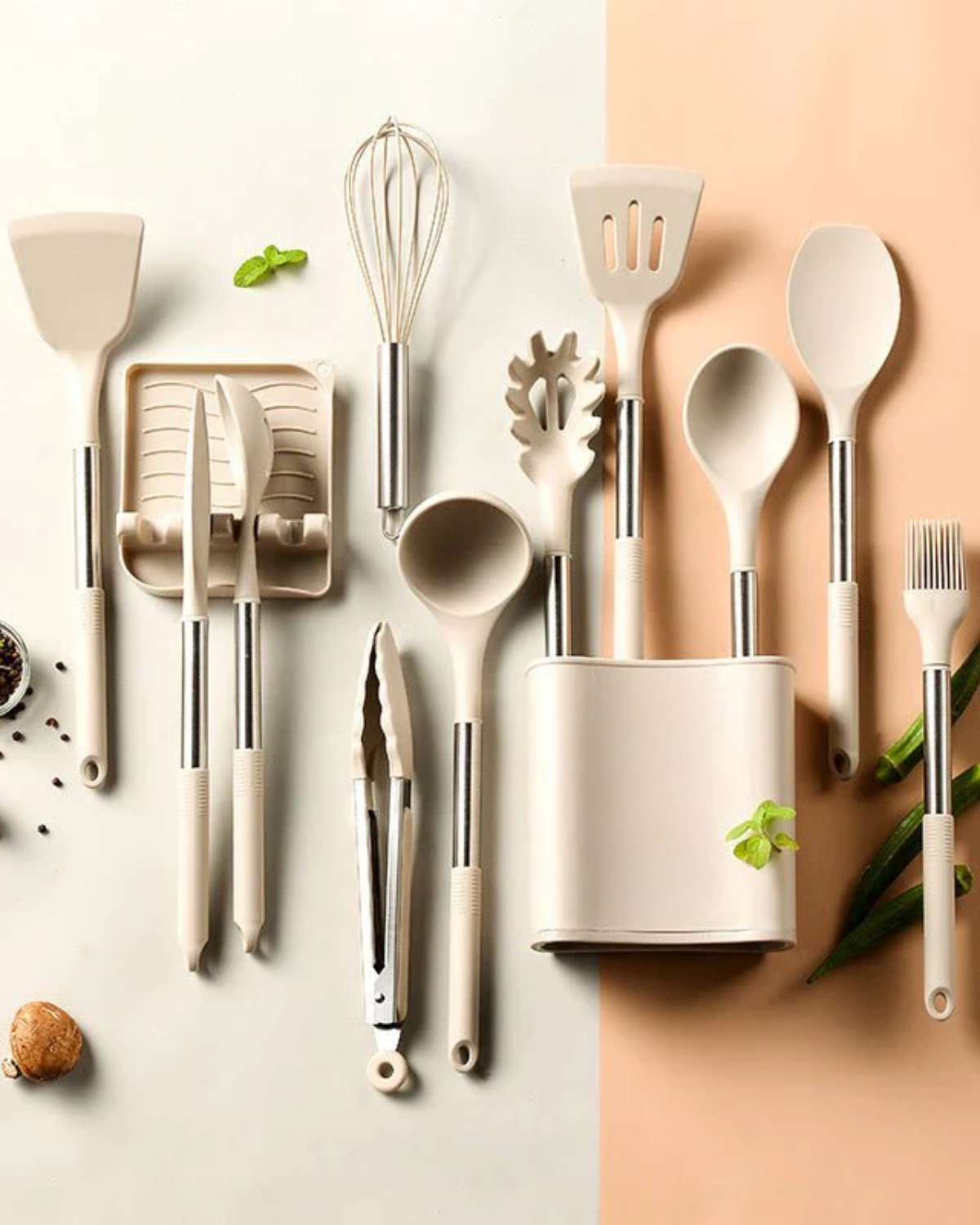 KITCHENORA – Komplettes Utensilienset mit Silikonköpfen und Griffen in Holzoptik 7