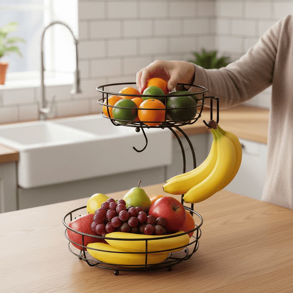 Kitchenova Fruit Haven | 2-stöckiger Obstkorb aus Metall mit Bananenhalter | Moderner Küchen-Organizer | Robuste Aufbewahrung auf der Theke 3