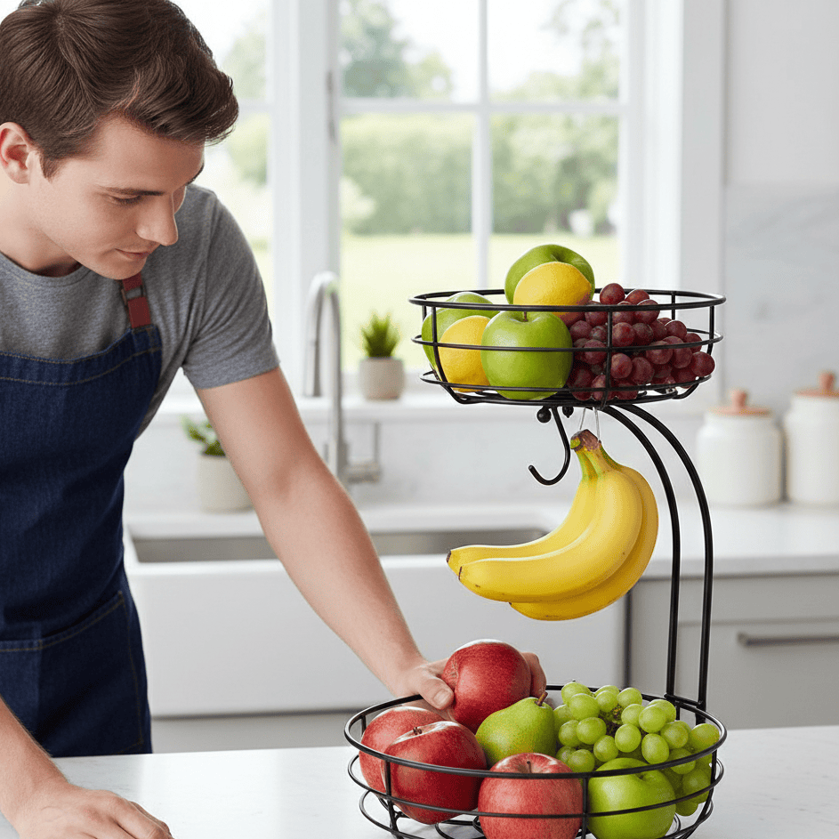 Kitchenova Fruit Haven | 2-stöckiger Obstkorb aus Metall mit Bananenhalter | Moderner Küchen-Organizer | Robuste Aufbewahrung auf der Theke 4