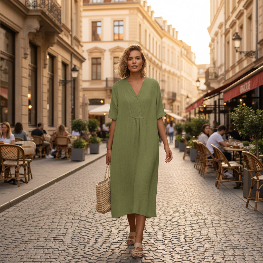 Leichtes A-Linien Damenkleid mit V-Ausschnitt und Taschen für Sommerkomfort 1